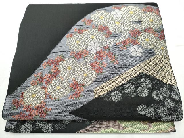 平和屋着物●西陣 津村織物謹製 六通柄袋帯 鐘紡製美術館 重要文化財 染地四孝草花文 金銀糸 正絹 逸品 CABB9432hy