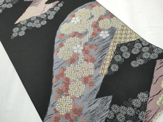 平和屋着物●西陣 津村織物謹製 六通柄袋帯 鐘紡製美術館 重要文化財 染地四孝草花文 金銀糸 正絹 逸品 CABB9432hy