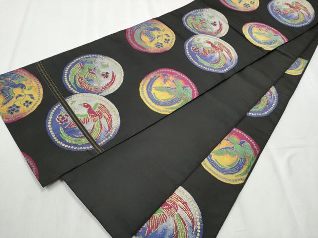 平和屋着物●六通柄 本袋帯 花喰鳥丸文 黒地 金糸 正絹 逸品 CABB9433hy
