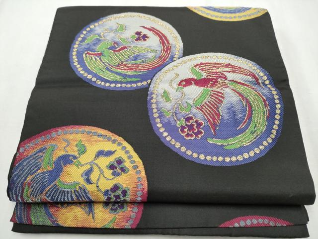 平和屋着物●六通柄 本袋帯 花喰鳥丸文 黒地 金糸 正絹 逸品 CABB9433hy