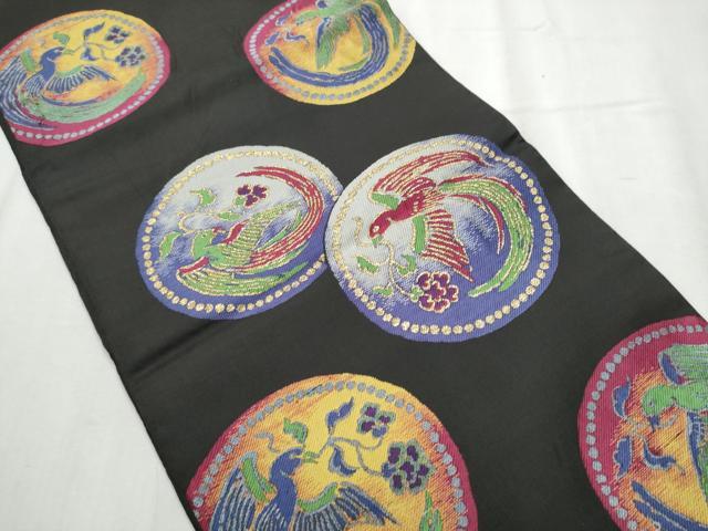 平和屋着物●六通柄 本袋帯 花喰鳥丸文 黒地 金糸 正絹 逸品 CABB9433hy