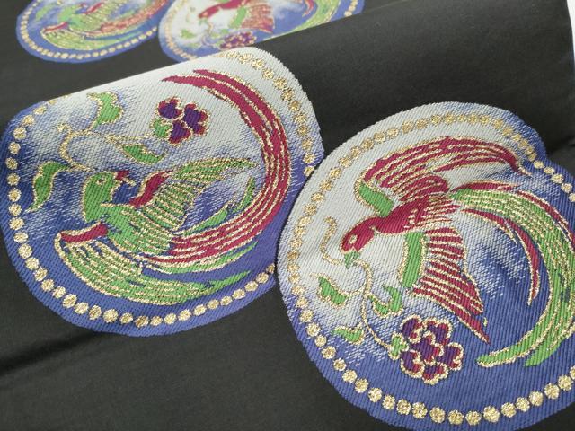 平和屋着物●六通柄 本袋帯 花喰鳥丸文 黒地 金糸 正絹 逸品 CABB9433hy