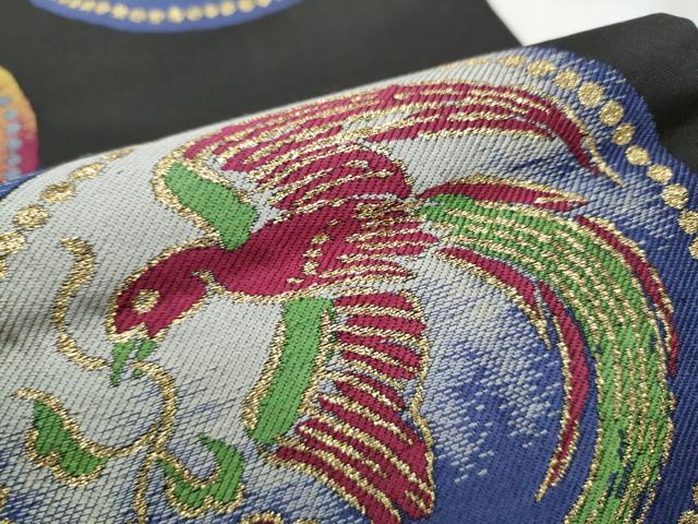 平和屋着物●六通柄 本袋帯 花喰鳥丸文 黒地 金糸 正絹 逸品 CABB9433hy