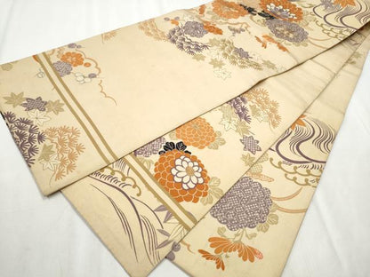 平和屋着物▼アンティーク　大正ロマン　丸帯　駒刺繍　草花文　引き抜き帯　正絹　逸品　CABB9439hy