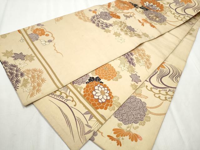 平和屋着物▼アンティーク　大正ロマン　丸帯　駒刺繍　草花文　引き抜き帯　正絹　逸品　CABB9439hy