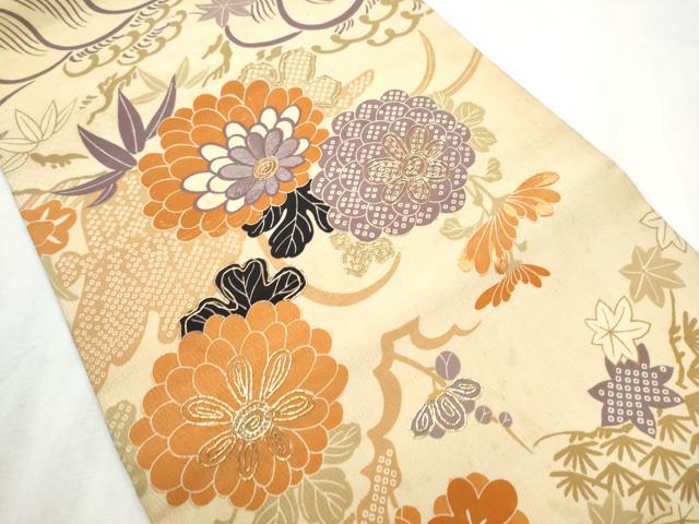 平和屋着物▼アンティーク　大正ロマン　丸帯　駒刺繍　草花文　引き抜き帯　正絹　逸品　CABB9439hy