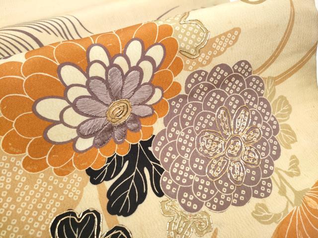 平和屋着物▼アンティーク　大正ロマン　丸帯　駒刺繍　草花文　引き抜き帯　正絹　逸品　CABB9439hy