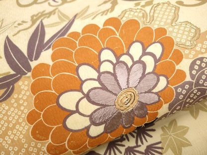 平和屋着物▼アンティーク　大正ロマン　丸帯　駒刺繍　草花文　引き抜き帯　正絹　逸品　CABB9439hy