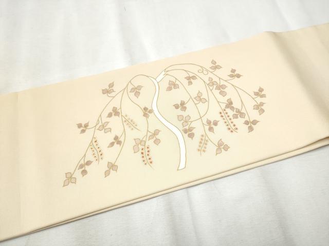 平和屋着物●塩瀬 つけ帯 刺繍 枝垂れ葉文 金彩 正絹 逸品 CABB9454hy
