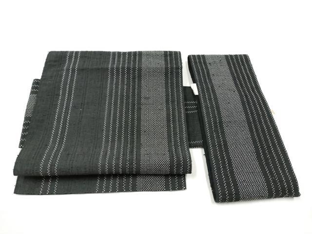 平和屋着物●つけ帯 紬地 間道 黒地 正絹 逸品 CABB9459hy