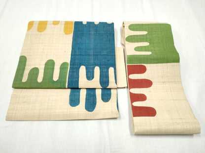 平和屋着物●つけ帯 生紬 型染め 抽象文様 正絹 逸品 CABB9462hy