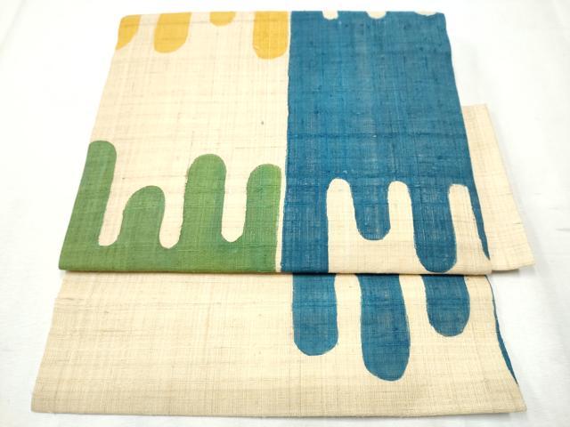 平和屋着物●つけ帯 生紬 型染め 抽象文様 正絹 逸品 CABB9462hy
