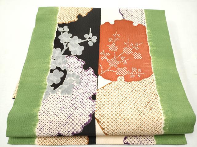 平和屋着物●摺型友禅　京都　多ち花　つけ帯　型染め　枝梅鹿の子雪輪文　正絹　逸品　CABB9464hy