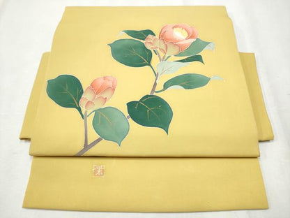 平和屋着物●塩瀬 つけ帯 作家物 枝花文 金彩 正絹 逸品 CABB9467hy