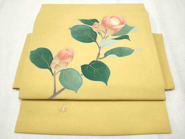 平和屋着物●塩瀬 つけ帯 作家物 枝花文 金彩 正絹 逸品 CABB9467hy