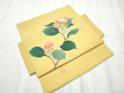 平和屋着物●塩瀬 つけ帯 作家物 枝花文 金彩 正絹 逸品 CABB9467hy
