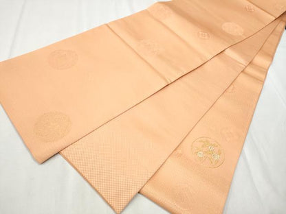 平和屋着物●六通柄袋帯 草花丸文 赤香色 金通し地 正絹 逸品 CABB9477hy