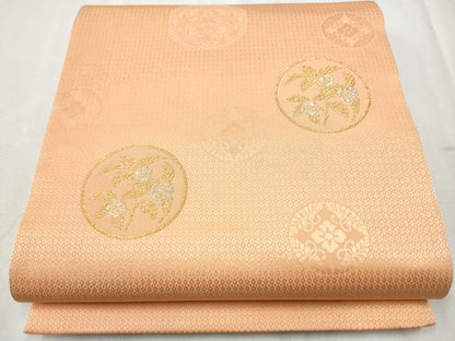 平和屋着物●六通柄袋帯 草花丸文 赤香色 金通し地 正絹 逸品 CABB9477hy