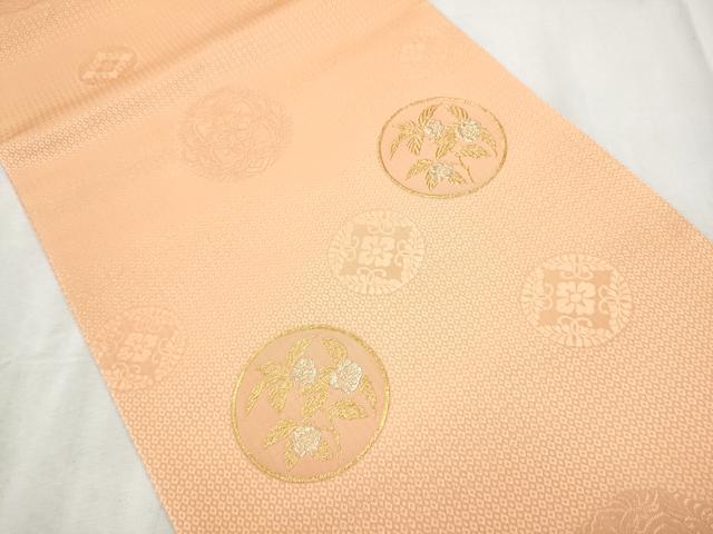 平和屋着物●六通柄袋帯 草花丸文 赤香色 金通し地 正絹 逸品 CABB9477hy