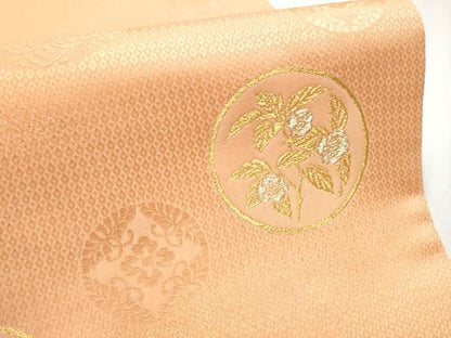 平和屋着物●六通柄袋帯 草花丸文 赤香色 金通し地 正絹 逸品 CABB9477hy