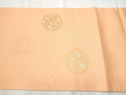 平和屋着物●六通柄袋帯 草花丸文 赤香色 金通し地 正絹 逸品 CABB9477hy