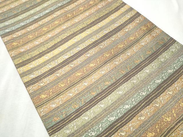 平和屋着物●両面 六通柄袋帯 横段草花文 金糸 正絹 逸品 CABB9484hy