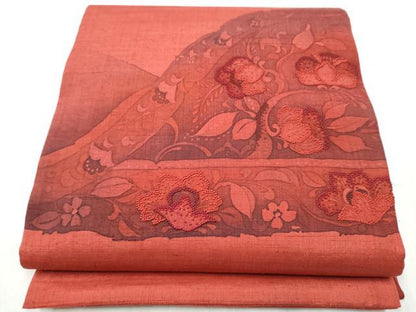 平和屋着物●中国三大刺繍 相良刺繍 結城紬 太鼓柄袋帯 花唐草文 証紙付き 正絹 逸品 CABB9490hy