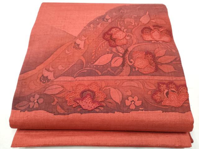 平和屋着物●中国三大刺繍 相良刺繍 結城紬 太鼓柄袋帯 花唐草文 証紙付き 正絹 逸品 CABB9490hy