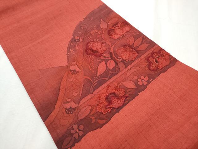 平和屋着物●中国三大刺繍 相良刺繍 結城紬 太鼓柄袋帯 花唐草文 証紙付き 正絹 逸品 CABB9490hy
