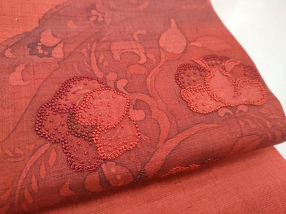 平和屋着物●中国三大刺繍 相良刺繍 結城紬 太鼓柄袋帯 花唐草文 証紙付き 正絹 逸品 CABB9490hy