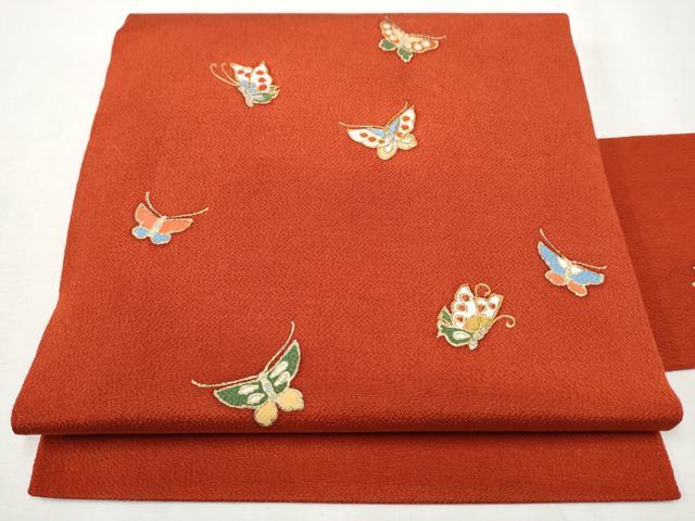 平和屋着物●九寸名古屋帯 駒刺繍 舞蝶文 金彩 鬼しぼ縮緬 正絹 逸品 CABB9495hy