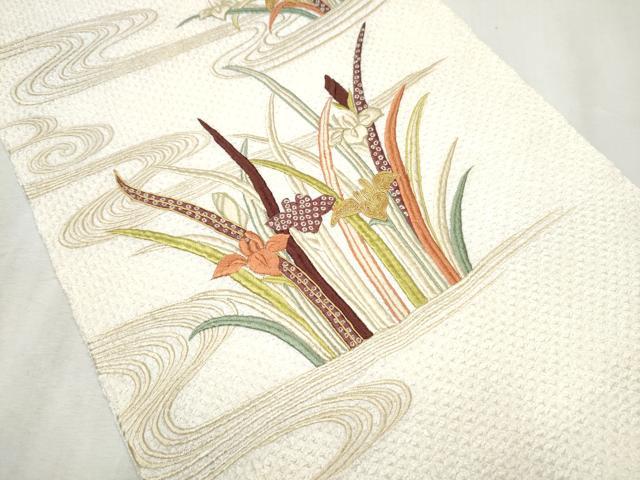 平和屋着物●九寸名古屋帯 駒刺繍 総絞り 流水草花文 正絹 逸品 CABB9503hy