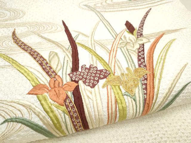 平和屋着物●九寸名古屋帯 駒刺繍 総絞り 流水草花文 正絹 逸品 CABB9503hy