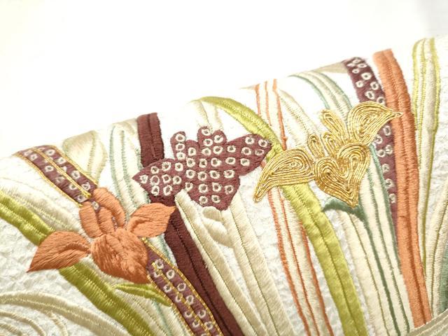 平和屋着物●九寸名古屋帯 駒刺繍 総絞り 流水草花文 正絹 逸品 CABB9503hy