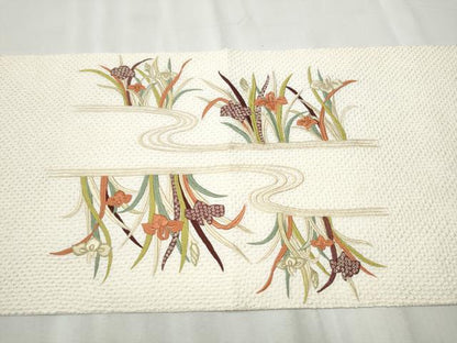 平和屋着物●九寸名古屋帯 駒刺繍 総絞り 流水草花文 正絹 逸品 CABB9503hy