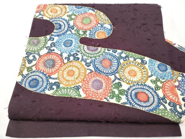 平和屋着物●九寸名古屋帯 型染め 髭紬 菊唐草文 正絹 逸品 CABB9506hy