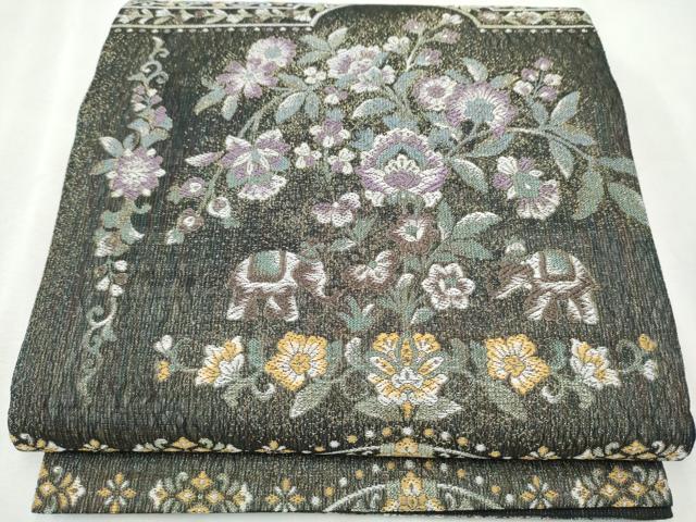 平和屋着物▽六通柄袋帯 スリーシーズン 春夏秋 象 草花文 金糸 正絹 逸品 CABB9523hy
