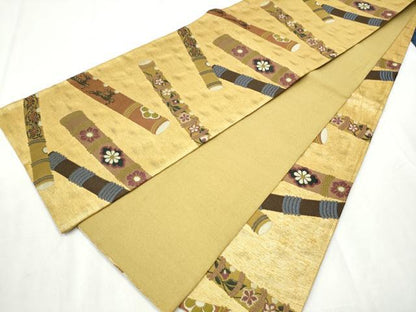 平和屋着物▽六通柄袋帯 スリーシーズン 春夏秋 鹿 横笛花文 金糸 正絹 逸品 CABB9527hy