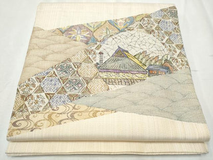 平和屋着物●手彫木版染 佐伯武晴 太鼓柄袋帯 すくい織 切嵌風景文 正絹 逸品 CABB9532hy
