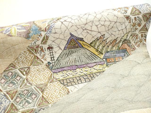 平和屋着物●手彫木版染 佐伯武晴 太鼓柄袋帯 すくい織 切嵌風景文 正絹 逸品 CABB9532hy