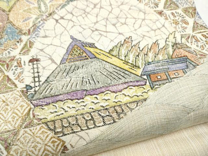 平和屋着物●手彫木版染 佐伯武晴 太鼓柄袋帯 すくい織 切嵌風景文 正絹 逸品 CABB9532hy
