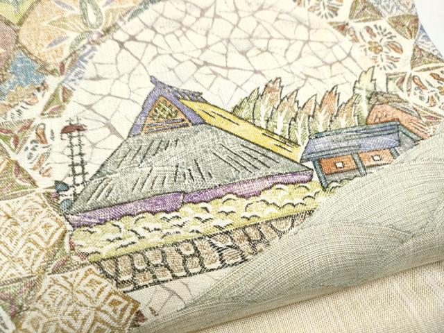 平和屋着物●手彫木版染 佐伯武晴 太鼓柄袋帯 すくい織 切嵌風景文 正絹 逸品 CABB9532hy
