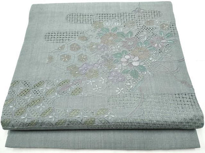 平和屋着物●中国三大刺繍　スワトウ相良刺繍　総刺繍　太鼓柄　京袋帯　紬地　エ霞草花文　正絹　逸品　CABB9544hy