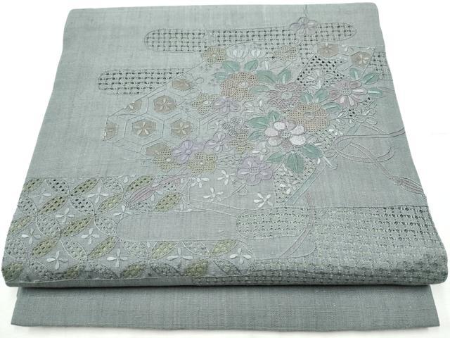 平和屋着物●中国三大刺繍　スワトウ相良刺繍　総刺繍　太鼓柄　京袋帯　紬地　エ霞草花文　正絹　逸品　CABB9544hy