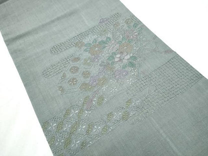 平和屋着物●中国三大刺繍　スワトウ相良刺繍　総刺繍　太鼓柄　京袋帯　紬地　エ霞草花文　正絹　逸品　CABB9544hy