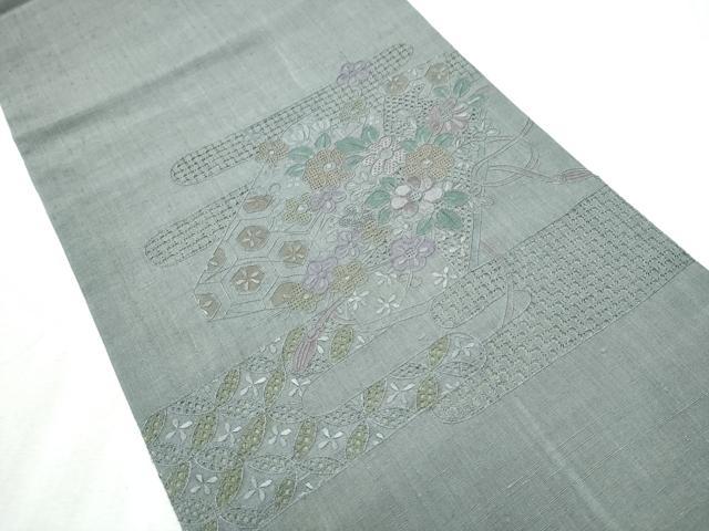 平和屋着物●中国三大刺繍　スワトウ相良刺繍　総刺繍　太鼓柄　京袋帯　紬地　エ霞草花文　正絹　逸品　CABB9544hy