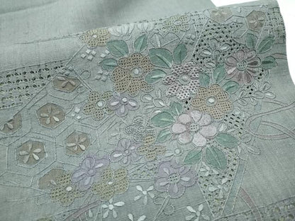 平和屋着物●中国三大刺繍　スワトウ相良刺繍　総刺繍　太鼓柄　京袋帯　紬地　エ霞草花文　正絹　逸品　CABB9544hy