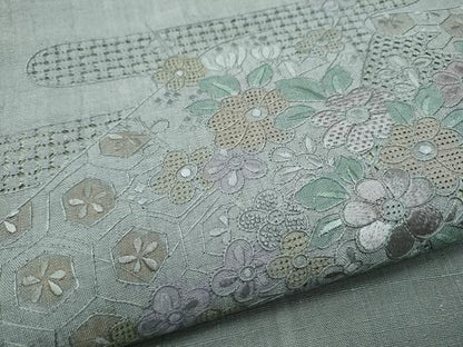 平和屋着物●中国三大刺繍　スワトウ相良刺繍　総刺繍　太鼓柄　京袋帯　紬地　エ霞草花文　正絹　逸品　CABB9544hy