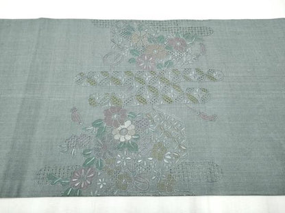 平和屋着物●中国三大刺繍　スワトウ相良刺繍　総刺繍　太鼓柄　京袋帯　紬地　エ霞草花文　正絹　逸品　CABB9544hy