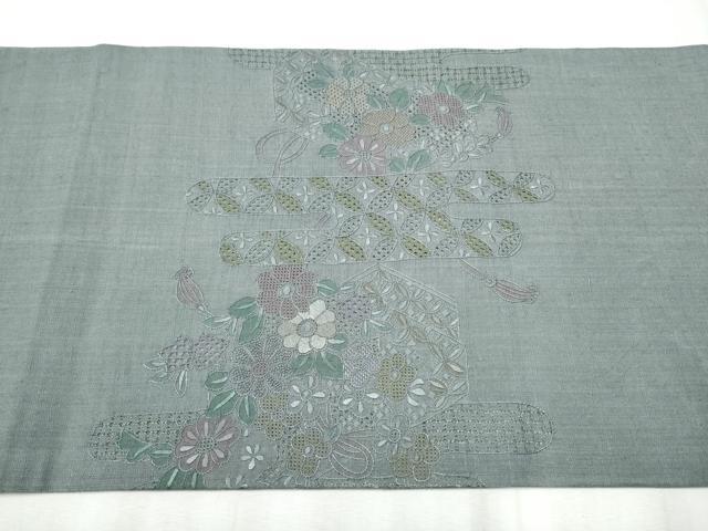 平和屋着物●中国三大刺繍　スワトウ相良刺繍　総刺繍　太鼓柄　京袋帯　紬地　エ霞草花文　正絹　逸品　CABB9544hy